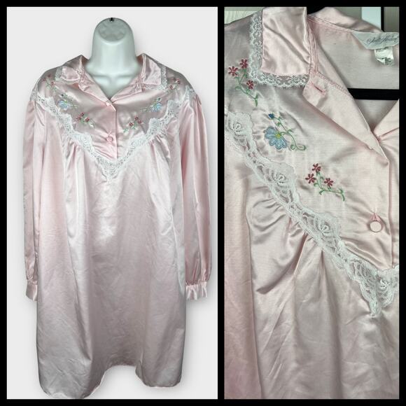 80s Pink Satin Lace Embroiderd Cotton Lined Night Sleep Shirt Large Jodie Arden - Picture 1 of 9